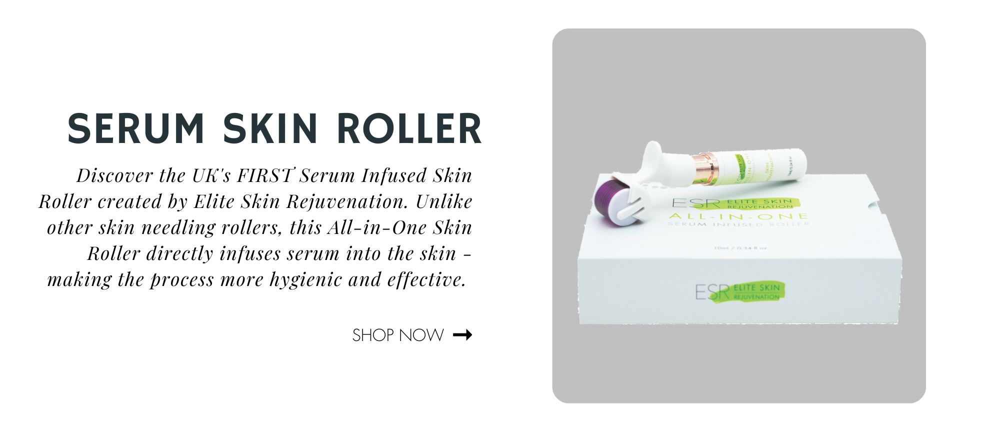 Discover the UK's FIRST Serum Infused Skin Roller created by Elite Skin Rejuvenation. Unlike other skin needling rollers, this All-in-One Skin Roller directly infuses serum into the skin - making the process more hygienic and effective. The roller has fine 0.25 millimetre needles that gently glide over the skin creating micro punctures, while serum flows into the skin simultaneously. The roller helps reduce fine lines and minimises pores, improves skin elasticity and scars including acne and overall pigmentation.